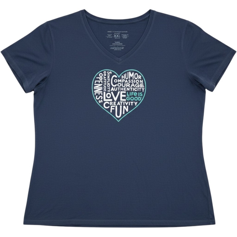 Life is Good Crusher Tee Womens XXL Blue Heart Graphic V-Neck Short Sleeve Shirt